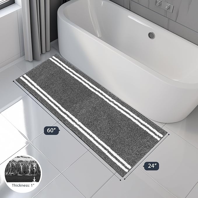 PURRUGS Bathroom Rug Non-Slip Machine Washable 24" x 60", Super Absorbent and Quick Dry Shaggy Microfiber Bath Mat, Extra Soft and Plush Bath Rug for Bathtub, Shower, and Sink, Charcoal
