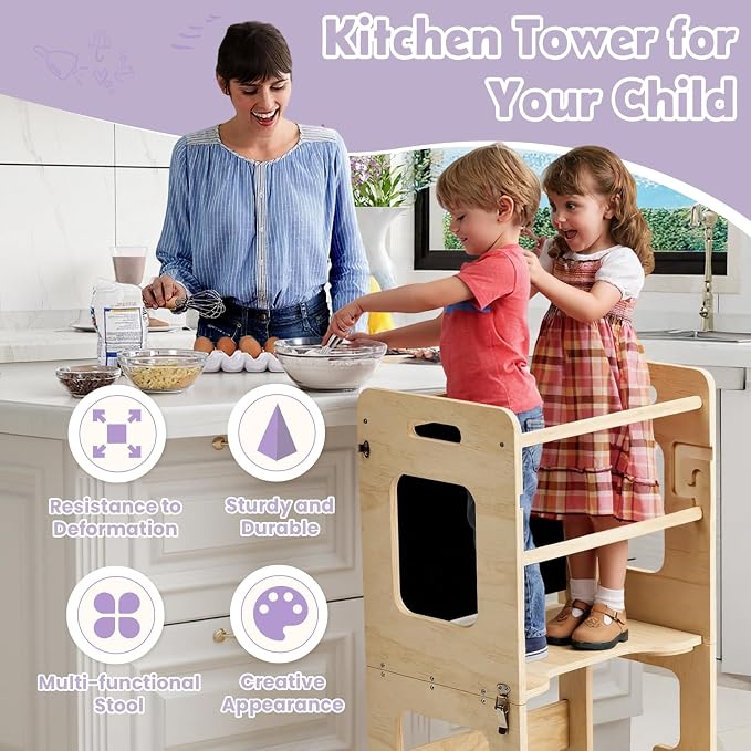 labebe Toddler Standing Tower for 12M+, Montessori Foldable Learning Standing Tower with Blackboard, Anti-tip Structure Design,Wooden Kitchen Step Helper Stool for 1-3 Year Old Boy Girl Gift