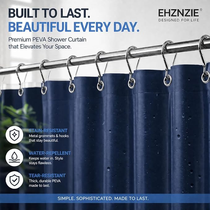 EHZNZIE Navy Blue Shower Curtain Liner 72x72, PEVA Waterproof Bath Curtain, No Chemical Smell, 3 Weighted Magnets, Durable with Rustproof Metal Grommets