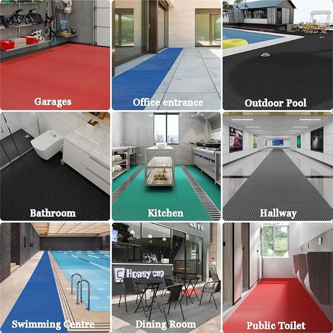 Drainage Non Slip Mats 3'x10' Heavy Duty Commercial Floor Mat Mesh Hollow Door Mat Roll for Swimming Pool Bathroom Kitchen Garage Indoor Outdoor Wet Area (Black, 0.9×3M/3×10FT)