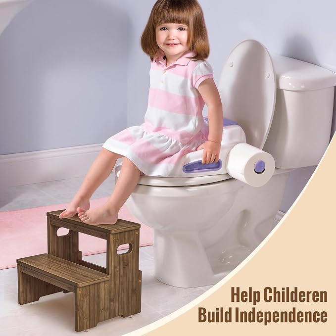 Two Step Stool for Adults and Kids, 450lbs Heavy Duty Step Stool, Bamboo Step Stool for High Beds, Portable Helper Step Stairs for Kids, for Kitchen, Bathroom, RV, Bedside Step Stool, Walnut