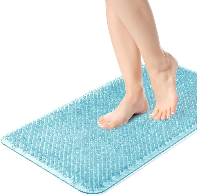 Yolife Shower Foot Scrubber Mat, Anti-Slip Bath Mat with Scrub Bristles, Soft Shower Foot Massager with Strong Suction Cups for Soothe Achy Feet, 25.6" x 13.4"