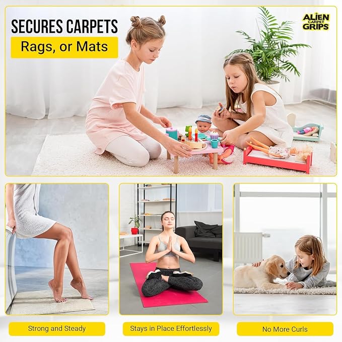 Alien Grip Rug Gripper Carpet Tape - 20pcs, 4x4 in. Anti-Slip Hardwood, Tile Floor, No Damage - Double Sided Reusable, Non Slip Corner Rug Pads - As Seen on TV