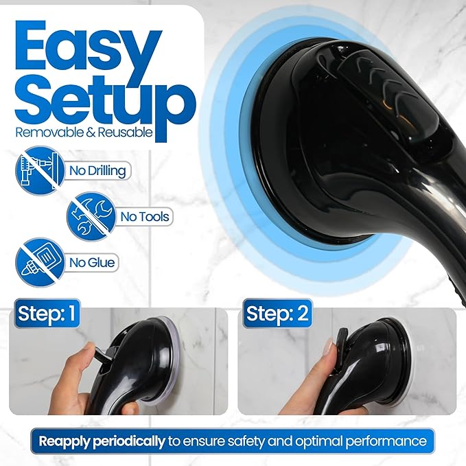 Safe-er-Grip Changing Lifestyles Suction Cup Balance Assist Bar for Bathtubs & Showers; Safety Bathroom Grab Bar Handle, All Black, 12 inches