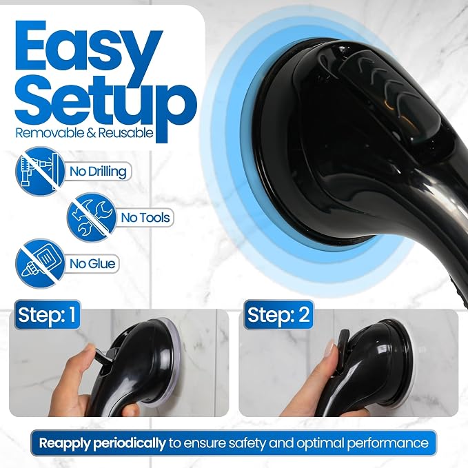 Safe-er-Grip Changing Lifestyles Suction Cup Shower Grab Bar 16 Inch Safety Assist Handle for Bathtub and Shower No Drill Portable Balance Support Non Slip Grip Black