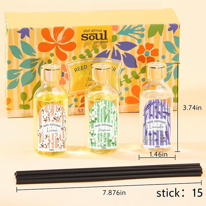 Reed Diffuser Set of 3 - Linen Lavender Jasmine Oil Diffuser with 15 Sticks, Reed Diffusers for Home Bathroom Shelf Air Freshener, 1.7 Fl. Oz Each, Total 5.1 Fl. Oz