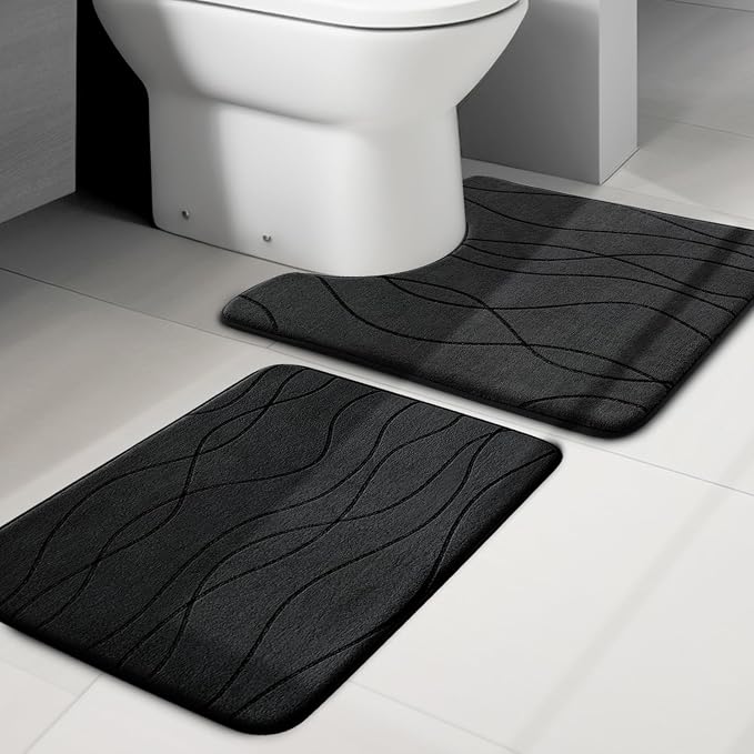 YIHOUSE Memory Foam Bathroom Rug Sets, Black, 2 Piece-U Shape & Small Mat | Ultra Soft, Absorbent, Non-Slip, Machine Washable