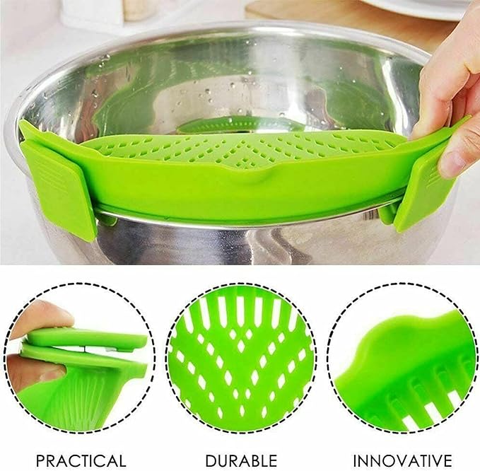 2 Pcs Clip on Strainer, Pot Strainer for Pasta Meat Vegetables Fruit, Silicone Strainers - Fit All Pots Bowls.