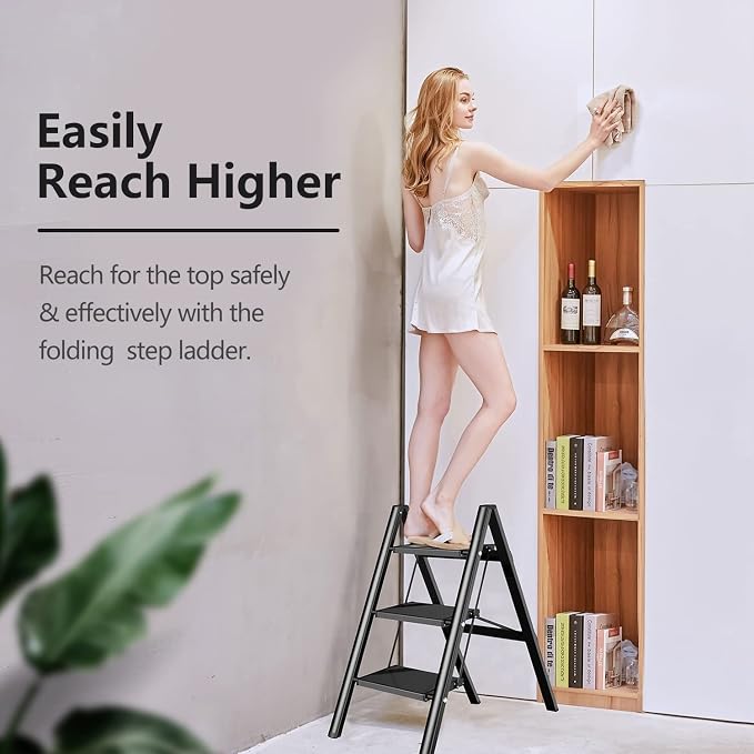 SOLADDER Step Ladder 3 Step Folding, Small Step Stool for Adults, Portable Anti-Slip Iron Stepladder with Wide Pedals for Home and Kitchen Use, Space Saving - Black (300 lbs)