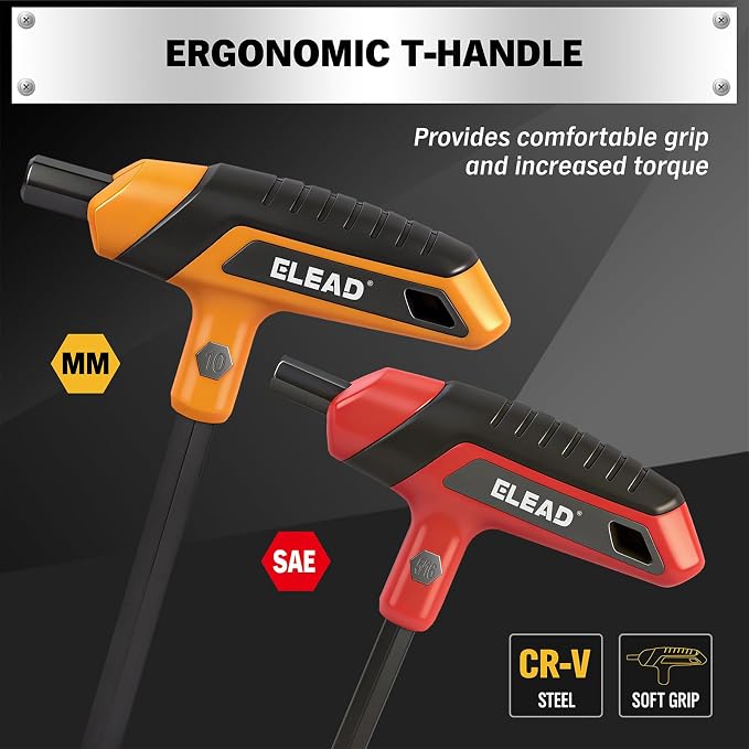 ELEAD 14-Piece T-handle Allen Wrench Set, Metric 2.5mm-10mm & SAE 1/8"-3/8" Portable Hex Key, Long Arm Allen Key Set with Storage Rack for Basic Home Repair and Mechanical Maintenance