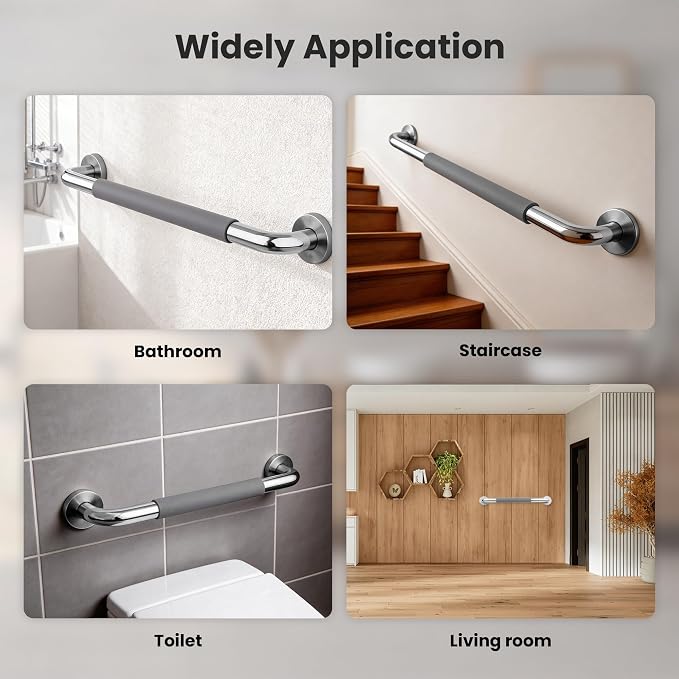 2 Pack 16 Inch Shower Grab Bars, 304 Mirror Polished Stainless Steel Safety Grab Bars, Anti-Slip Gray Rubber Grip, Wall Mounted Shower Handles for Elderly, ADA Grab Bars for Bathroom