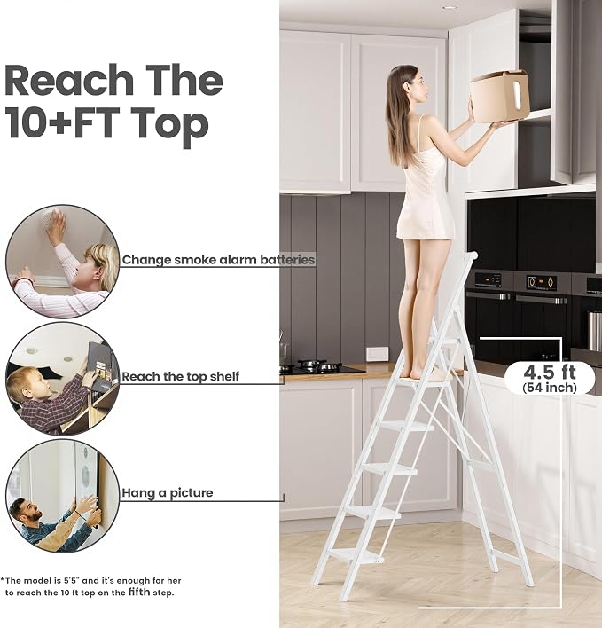 SOLADDER 6 Step Ladder, Folding Step Stool with Handgrip and Anti-Slip Wide Pedal, Portable Lightweight Aluminum Stepladder for Kitchen, Home, Library, Office (300 lbs Capacity) - White