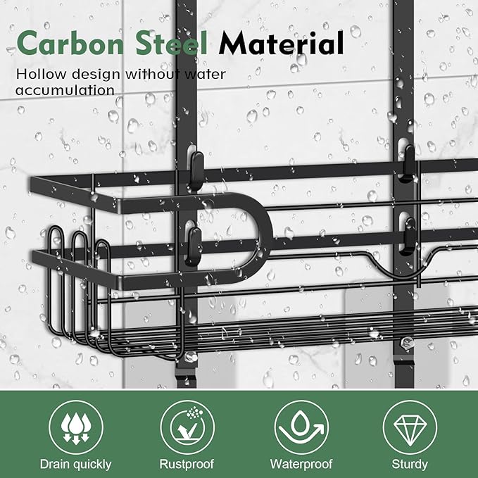 Shower Caddy Hanging, Over Head Shower Caddy Shower Storage Rack Basket with Hooks for Razor and Sponge Rustproof, No Drilling, Accessories for Bathroom and Kitchen, Black2