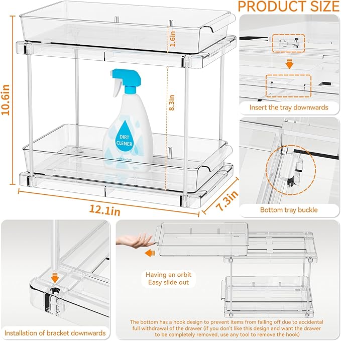 Yieach 2 Pack 10.6″ High Pull Out Medicine Cabinet Organizer for Vitamin,Pill Bottle and Supplement,2 Tier Slide out Under the Sink Organizer,Bathroom Vanity Storage and Cupboard Undersink Organizers
