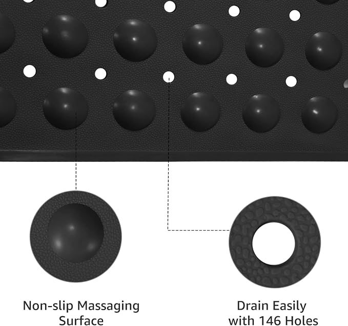 WarmSnow Long Bathtub Mat Non Slip 39.5 x 16 Inch, Inside Shower Mats with Suction Cups & Drain Holes, Soft TPE Bath Mat for Tub, Quick-Drain Bathroom Floor Mats, Black