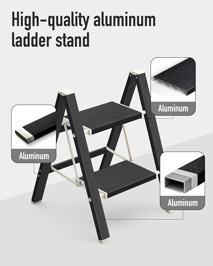Mayi Plus 2 Step Ladder,Aluminum Folding Step Stool for Adults,Step Ladder with Wide Anti-Slip Pedal,330 lbs Capacity for Home,Kitchen,Library,Office(Ebony Woodgrain)