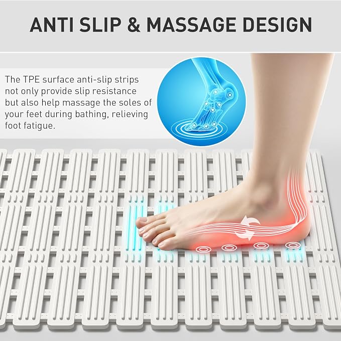 XIYUNTE Shower Mat Non Slip Bath Mat for Tub - 27 X 16 Inch TPE Bathtub Mat Non Slip Shower Mats for Inside Shower, Bath Tub Mat with Powerful Suction Cup, Easy to Cut and Dry, White