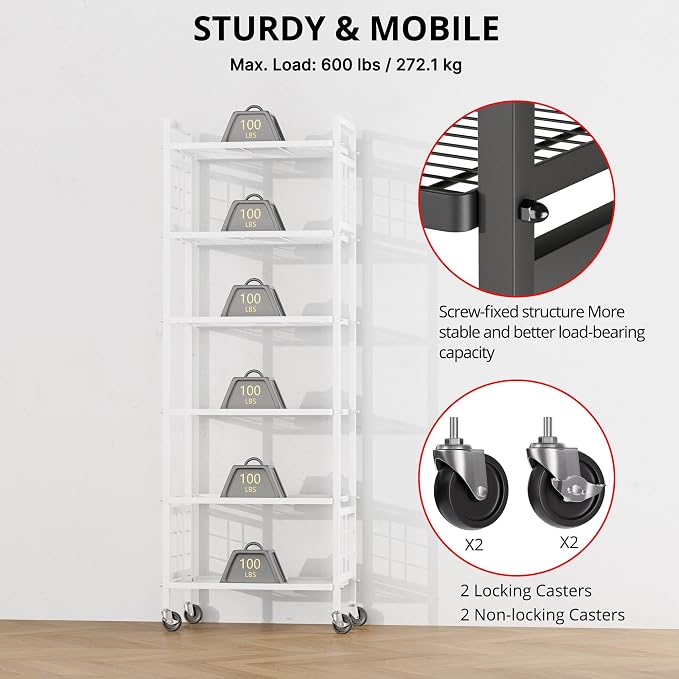 GIOTORENT 6-Wire Standing Storage Shelf with Wheels, Mobile Metal Shelving Unit for Bathroom Organizers & Laundry Room, Kitchen Pantry Rack, Heavy Duty Utility Shelf, White