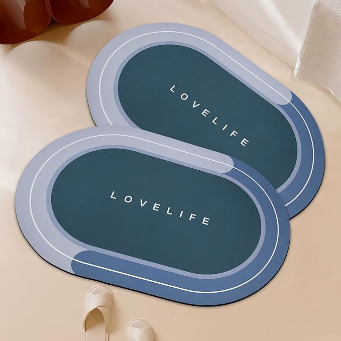 Rubber Bath mats Quick-Drying Non-Slip Bathroom mat Super Absorbent Bath mat Instant Dry Bath mat, Bathroom Rug in Front of The Kitchen Sink, Shower Room, Bathtub, Oval(2pcs Blue+16.9x26.7in)