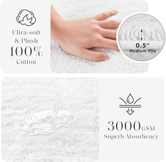 Madison Park Splendor Reversible 100% Cotton Tufted Bathroom Rug-3000 GSM Hotel Quality Luxurious Plush Medium Pile Bath Mat Absorbent, Quick Dry, Shower Room Décor, 17x24 White