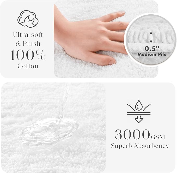 Madison Park Splendor Reversible 100% Cotton Tufted Bathroom Rug-3000 GSM Hotel Quality Luxurious Plush Medium Pile Bath Mat Absorbent, Quick Dry, Shower Room Décor, 24x72, White