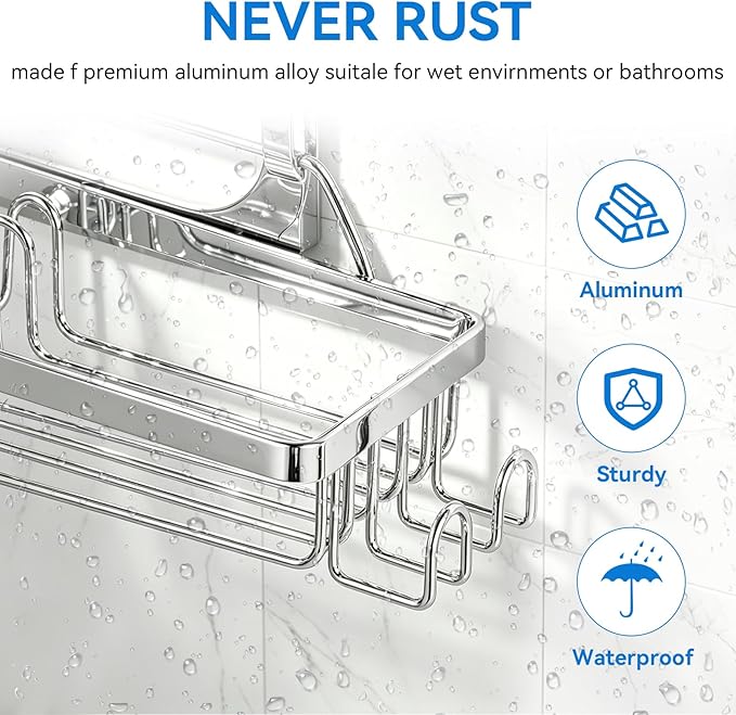 Shower Caddy Hanging, Over Head Shower Caddy Shower Storage Rack Basket with Hooks for Razor and Sponge Rustproof, No Drilling, Accessories for Bathroom and Kitchen, Chrome