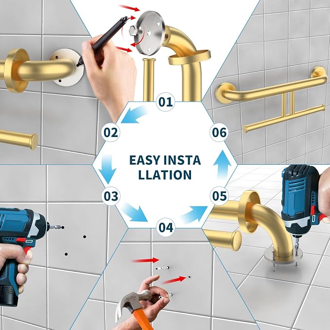 Brushed Gold Grab Bar w/Double Toilet Paper Holder, iHansee Stainless Steel Safety Grab Bar for Bathroom Toilet, Wall Mounted Shower Support Bar for Elderly, Handicap Toilet Tissue Holder
