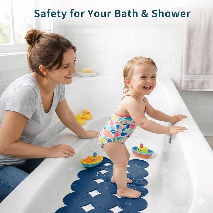 Webos Bathtub Mat Non Slip: Extra Long Rubber Bath Mat for Tub with Strong Suction Cups 15.4" x 37.8" Anti Slip Shower Mat, Big Drain Holes Bathroom Mats for Tub & Shower, Circle-Ivy Blue