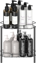 HuggieGems 2 Tier Floor Standing Corner Shower Caddy Organizer Shelf with Hooks, Bathroom Shelves Stand Rack, Matt Black