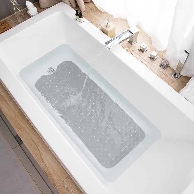 TEESHLY Bathtub Mats for Shower Tub, Extra Long Non-Slip 39 x 16 Inch Bath Mat with Drain Holes and Suction Cups, BathMat for Bathroom with Machine Washable (Opaque Gray)