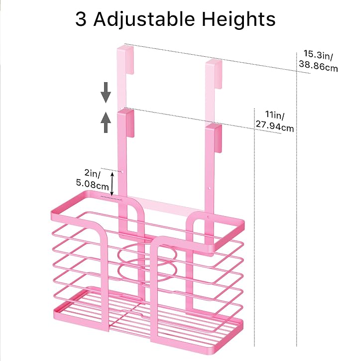 YIGII Pink Hair Dryer Holder, 3 Sections Organizer for Hair Tools, Wall Mounted/Cabinet Door Straightener Holder, Adjustable Height Metal Dryer Curling Iron Organizer