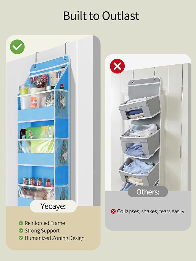 Yecaye 5 Tier Over the Door Organizer, Stuffed Animal Storage with Clear PVC Windows, Pink Room Decor for Dorm Essentials Bedroom Nursery Closet Laundry Pantry Bathroom, Soft Sky Blue