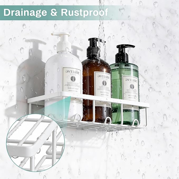 White Shower Caddy Organizer, 2 Pack Adhesive Shampoo Holder Basket Shelves for Storage and Organization, Wall Suction Bath Bathtub Rack Set for RV Camper, Bathroom Restroom Decor and Accessories