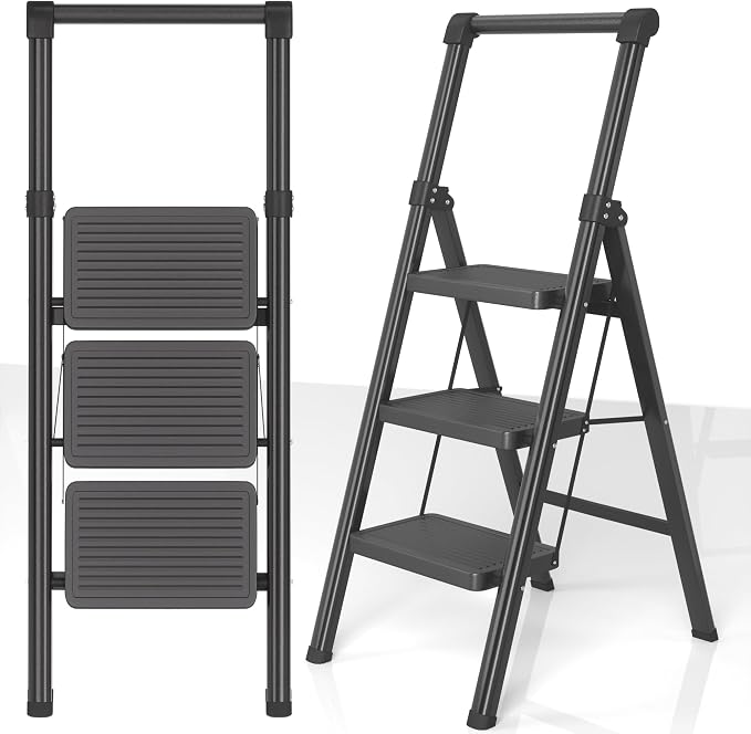 3 Step Ladder, DIAMONDFORGE Folding Step Stool with Wide Anti-Slip Pedal, Anti-Slip Feet and Handgrip, Sturdiest Steel Construction, Steel Ladder for Home, Black