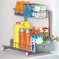 L-Shaped Under Sink Organizer, 2-Tier Pull Out Metal Kitchen Cabinet Organizer with Sliding Storage Drawer, Height Adjustable Heavy Duty Under Bathroom Sink Storage for Cleaning Supplies 1 Pack