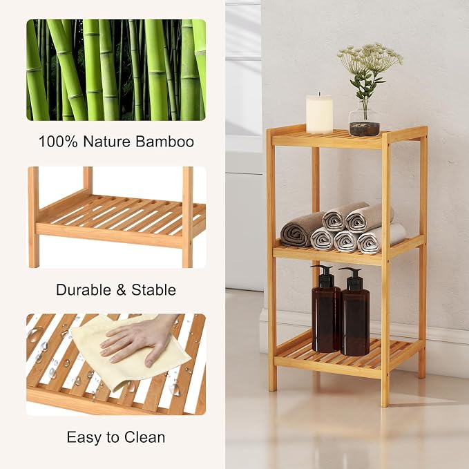 kinbor 3-Tier Bamboo Shelf Freestanding - Space-Saving Bathroom Standing Shelf & Plant Stand, 3 Shelf Bookcase for Kitchen, Living Room, Office (Natural Bamboo, Easy Assembly)