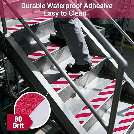 Anti Slip Tape, 4 Inch x 42 Ft Grip Tape for Stairs Outdoor/Indoor, Waterproof Non Skid Roll for Stair Treads Non Slip, High Traction Friction Abrasive Adhesive Stair Steps, Caution Red/White