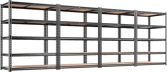 REIBII 2400LBS Storage Shelves 5 Tier Garage Shelving Heavy Duty, Adjustable Metal Shelving, Garage Shelves for Basement, Warehouse, Pantry, Closet, Kitchen 72" H x 35.55" W x 16" D, Black, 4 Pack