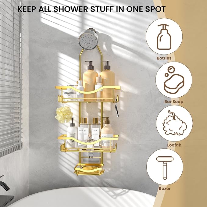 Shower Caddy Hanging Adjustable Shower Caddy, Rustproof Shower Organizer Extended Length Showers Caddy Over Shower Head with Hooks Soap Holder, Large Capacity Anti-Swing Bathroom Organizer, Gold