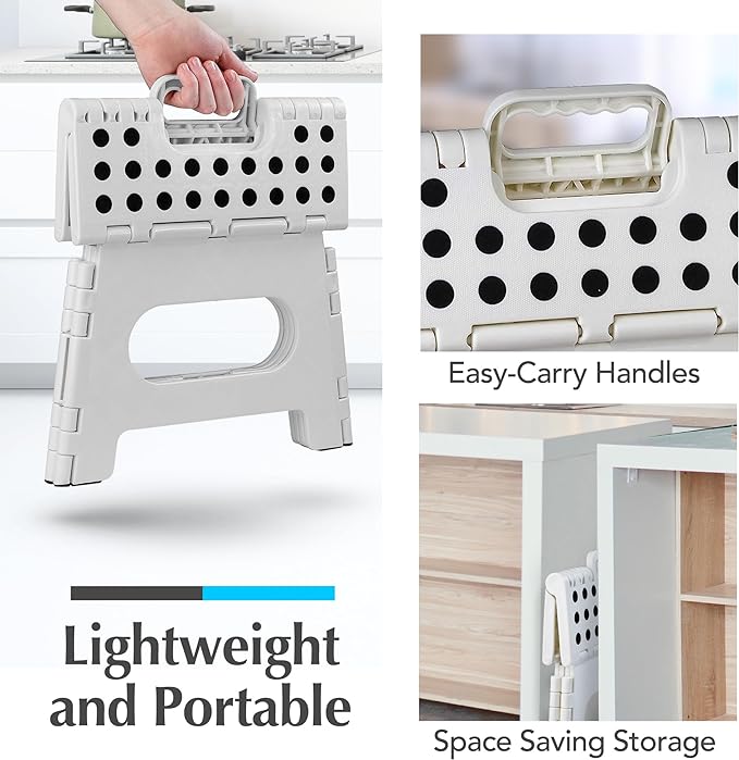 Handy Laundry Folding Lightweight Step Stool - Sturdy Enough to Support Adults - Opens Easy with One Flip - Great for Kitchen, Bathroom or Bedroom (White - 9 Inch)