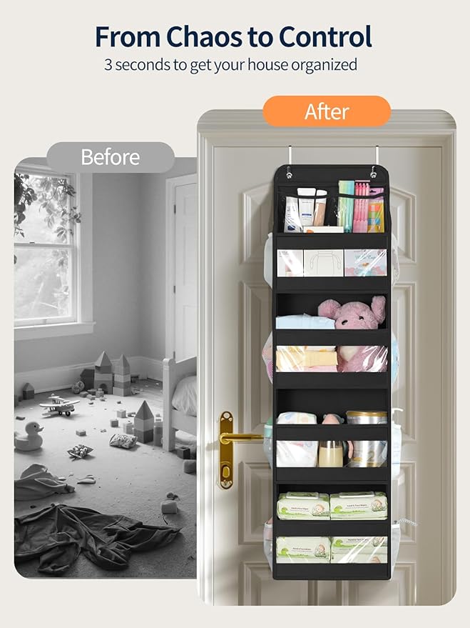 Yecaye 5 Tier 1Pc Over the Door Organizer, Swing-proof Door Organizer Hanging with Clear PVC Windows, Behind the Door Storage for Bedroom Nursery Closet Laundry Pantry Bathroom, Black