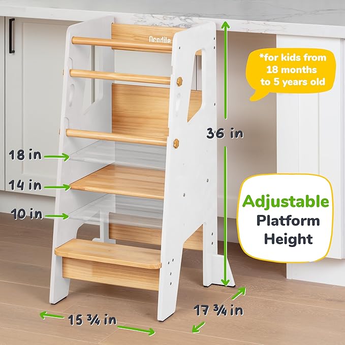 OCODILE Toddler Standing Tower - Adjustable Height Toddler Kitchen Stool Helper - Ideal Kids Kitchen Step Stool for Learning New Skills - Extra Secure with Safety Feet - White