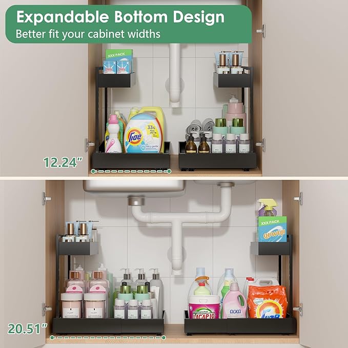 REALINN L-Shaped Under Sink Organizer with 6-Level Height Adjustment & Expandable Width, Pull-Out Cabinet Storage Rack with Quiet Sliding Rails for Kitchen, Bathroom, Black, 2 Pack