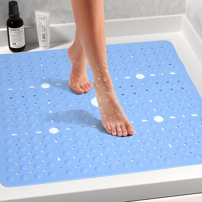 Large Square Shower Mat 27 x 27 Inch Light Blue, Non Slip Shower Bathtub Mats for Inside Shower with Big Suction Cups Drain Holes, Anti Slip Bathroom Floor Stall Mats, Easy Clean, BPA-Free