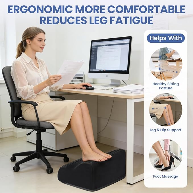 Foot Rest for Under Desk at Work, 3-Tier Foot Stool with Thick High-Density Foam and Massage Dots, Ergonomic Footrest with Washable Cover for Home and Office, Back, Legs & Hip Pain Relief (Black)