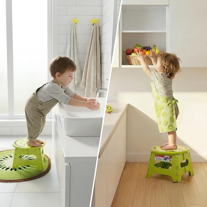ACSTEP Folding Step Stool 9 Inch, Sturdy Collapsible Step Stool Foldable Up to 265 lbs for Kids Toddlers & Adults, Non Slip Foot Stools with Handle for Kitchen, Bathroom, Bedroom, Outdoor, Kiwi Green