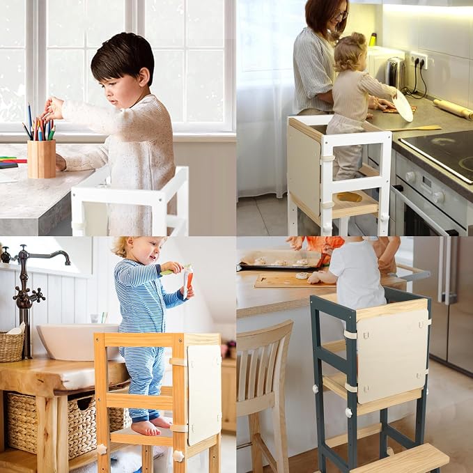Kitchen Step Stool for Toddlers with Non-Slip Mat, WOOD CITY Wooden Kids Montessori Learning Stool Tower, Toddler Standing Tower Helper for Kitchen Counter and Bathroom Sink (Burlywood-Adjustable)