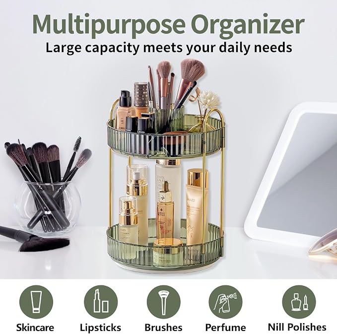 Asayuee 360 Rotating Makeup Organizer,2 Tier Large Capacity Make Up Organizers and Storage,Skincare Perfume Vanity Organizers,Bathroom Cosmetics Storage Organizer Countertop (Green)