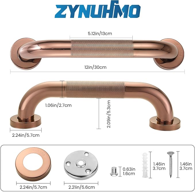 Grab Bars for Shower, Zynuhmo 2 Pack 12 Inch Anti Slip Stainless Steel Bathroom Safety Shower Grab Bar Handrails for Handicap Injury Pregnant Senior Assist Shower Handles(Rose Gold, 1.25" Diameter)