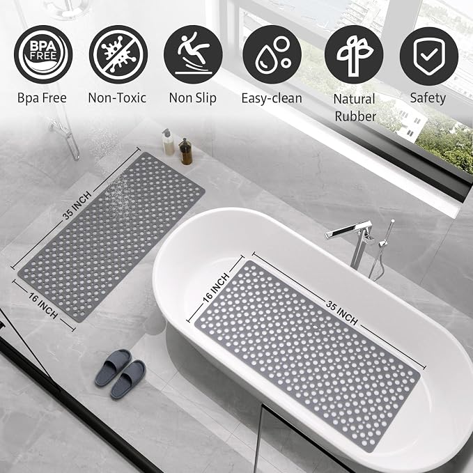 XIYUNTE Shower Mat Non Slip Bath Mat for Tub - 35" x 16" Soft TPE Bathtub Mat Non Slip Shower Mats for Inside Shower, Anti Slip Shower Mat with Suction Cups, Quick-Drying Bath Tub Mat, Grey